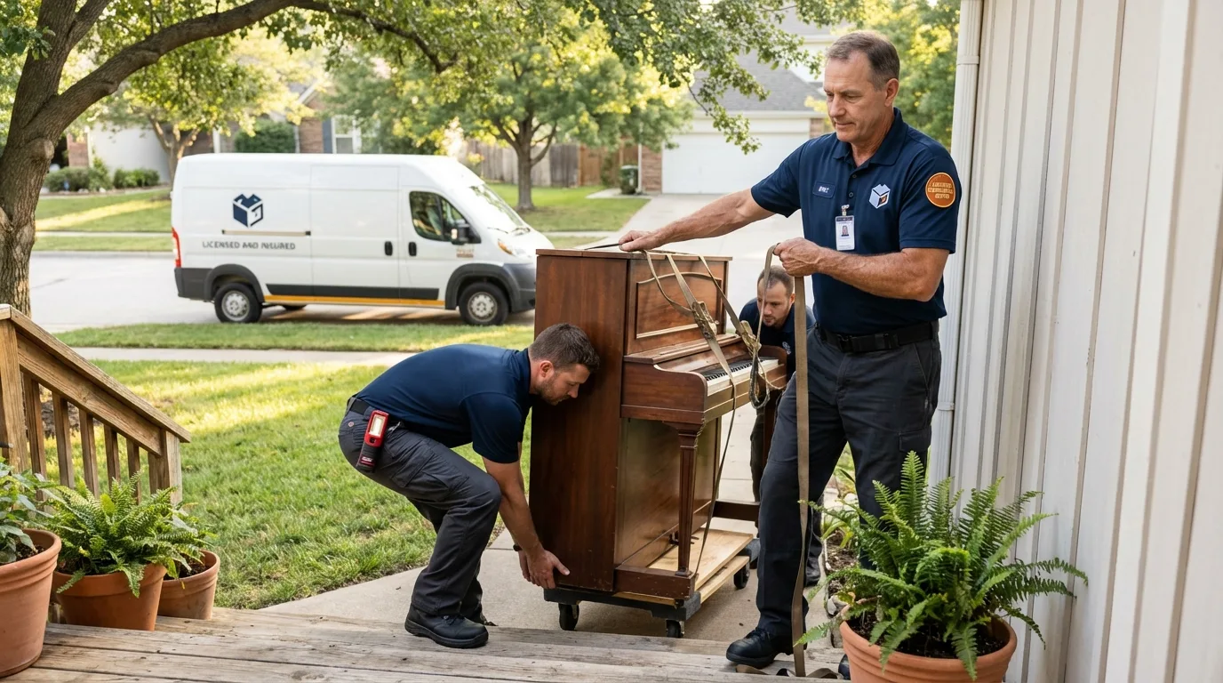 Licensed piano movers securing grand piano in Miles City, MT