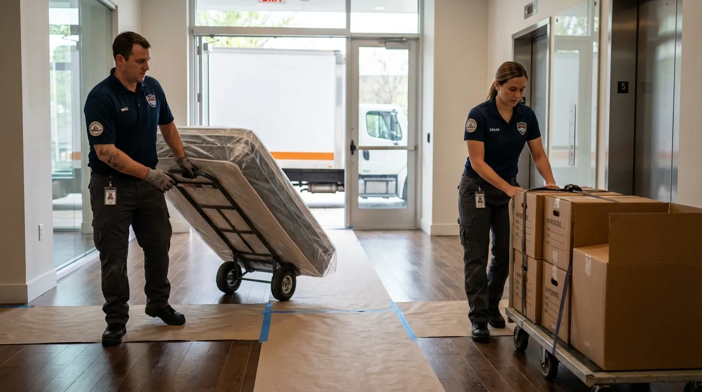Professional apartment movers loading elevator in Miles City, MT